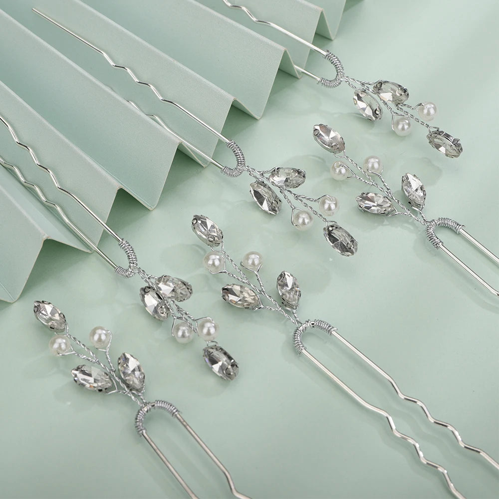 Silver Rhinestone Hairpins for Wedding Hair Accessories Women Handmade Gold Pearl Bridal Hair Pins Simple Trendy Headpiece Tiara