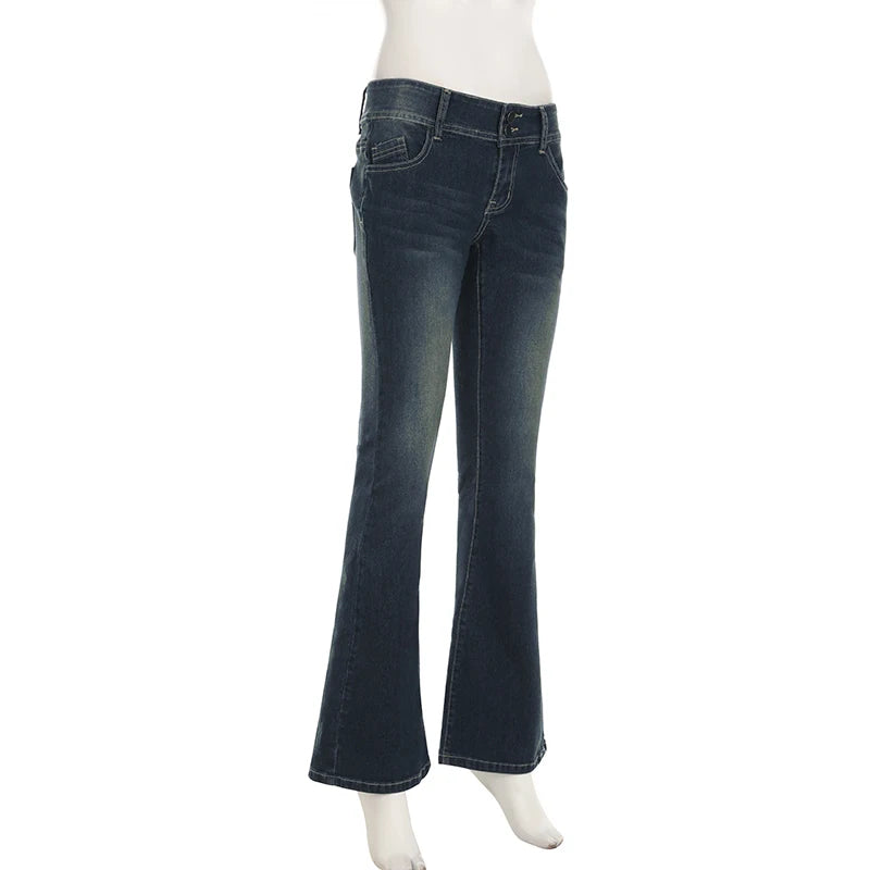 Cuteandpsycho Fashion Low Waisted Washed Flared Jeans Button Harajuku Aesthetic Pants Streetwear Basic Slim Pockets Y2K Bottoms