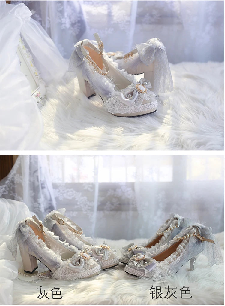 Original Handmade Lolita High Heels Heavy Industry Feather Stitching Pearl Bow Lace Platform Shoes Round Head Princess Heels