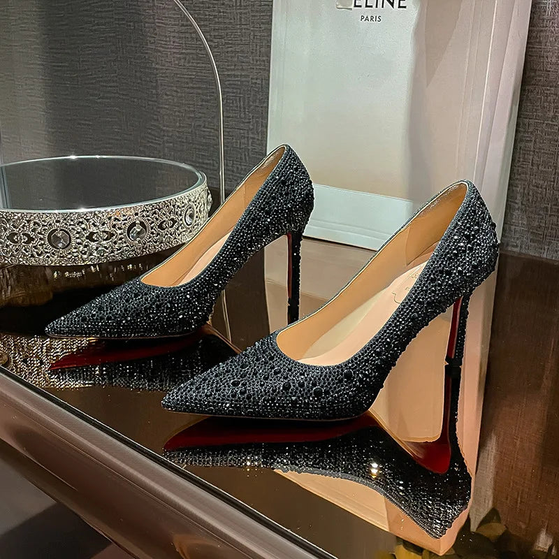 High Heels 2024 Summer New Fashion Versatile Black Rhinestone Single Shoe Red Sole Slim Heel Temperament Women's Shoes
