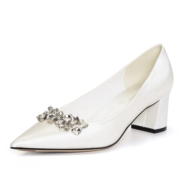 White Wedding Shoes Thick Heel Bridal Shoes Rhinestone Pointed Toe Mid-heel Large Size 41-43 Dress Shoes for Wedding Women Pumps