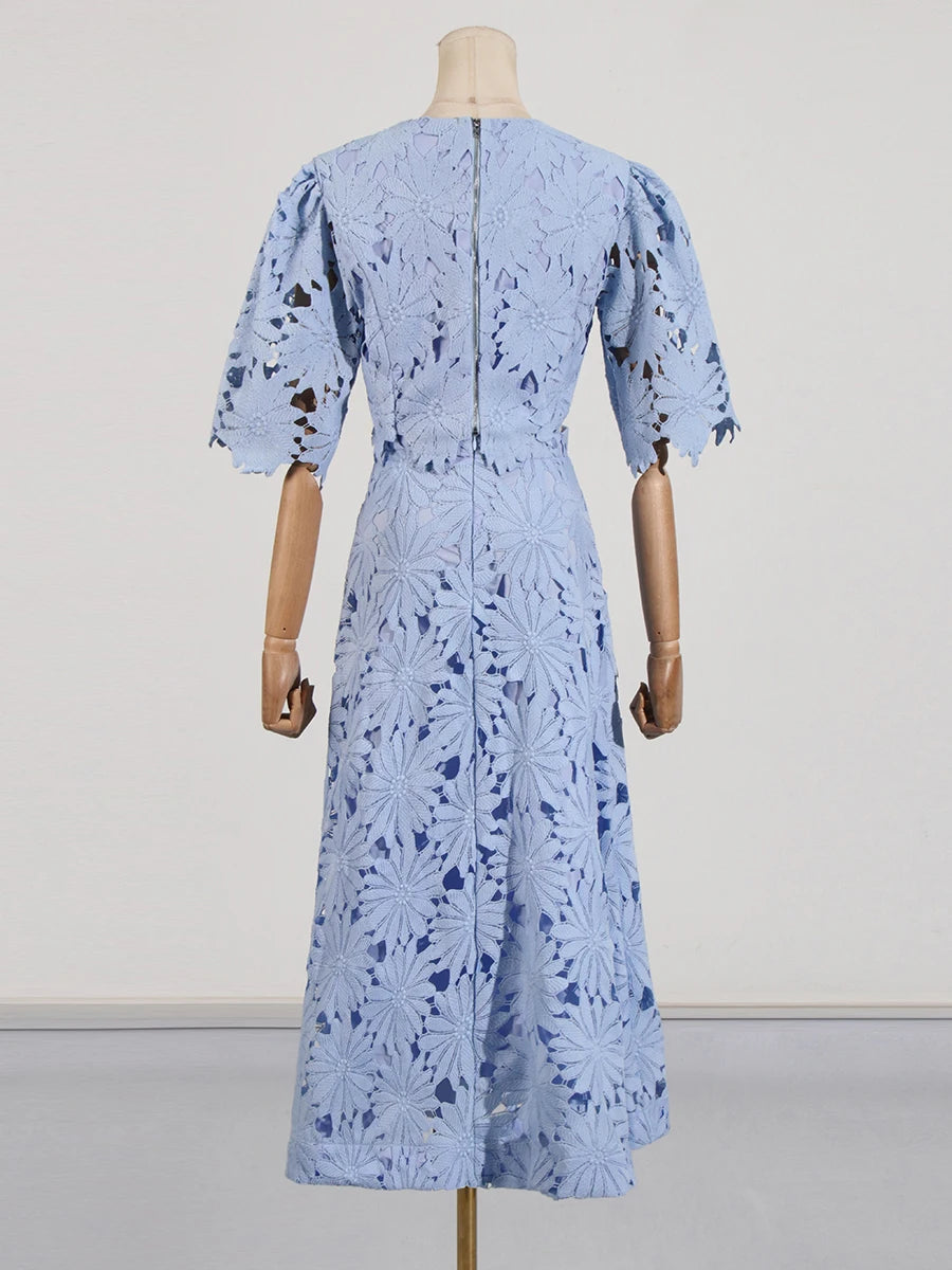 VGH Embroidery Two Piece Set for Women O Neck Batwing Sleeve Top High Waist Hollow Out A Line Long Skirt Elegant Suit Female New