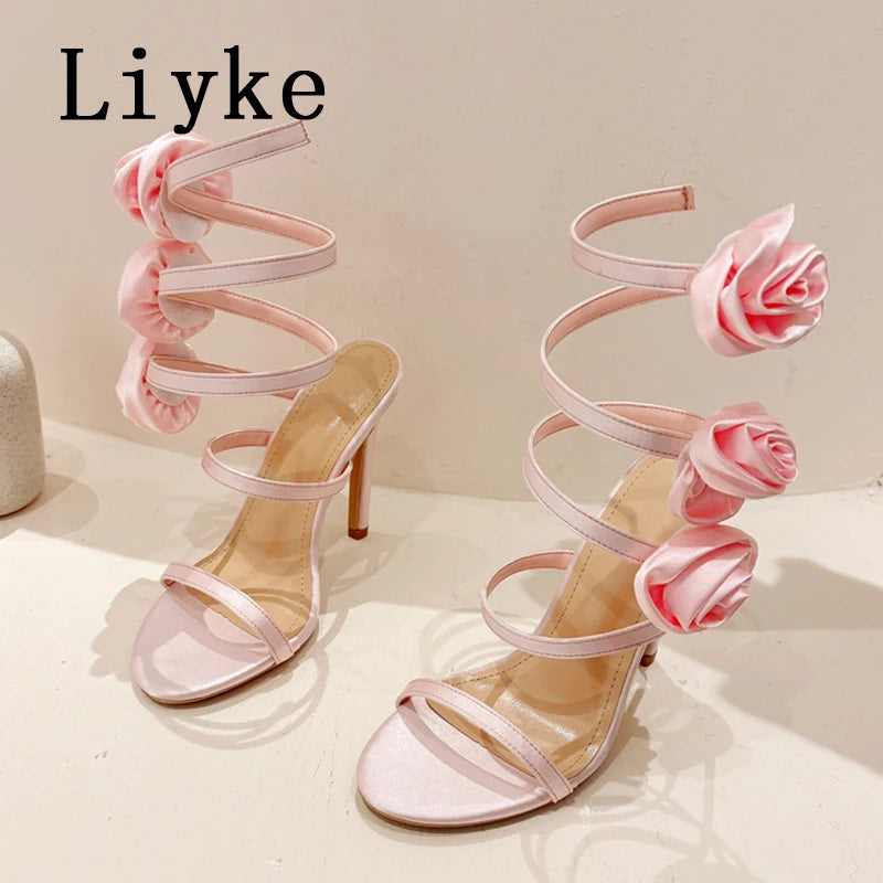 Liyke Elegant Women Wedding Banquet Shoes Fashion Silk Flowers Designer Sandals Female Open Toe Slip On Ankle Strap High Heels