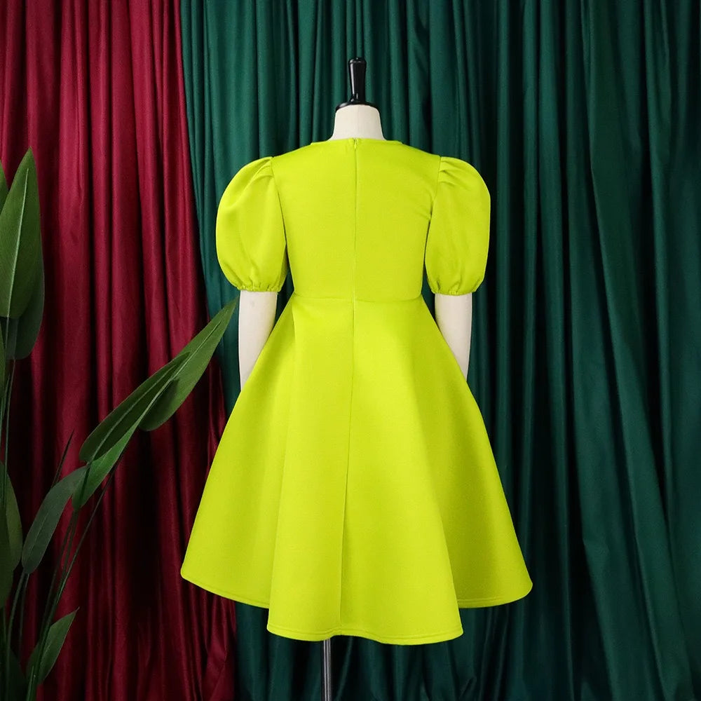 Elegant Party Dresses for Women O Neck Short Sleeve High Waisted A Line Pleated Mid Calf Luxury Birthday Dinner Vestidos Mujer