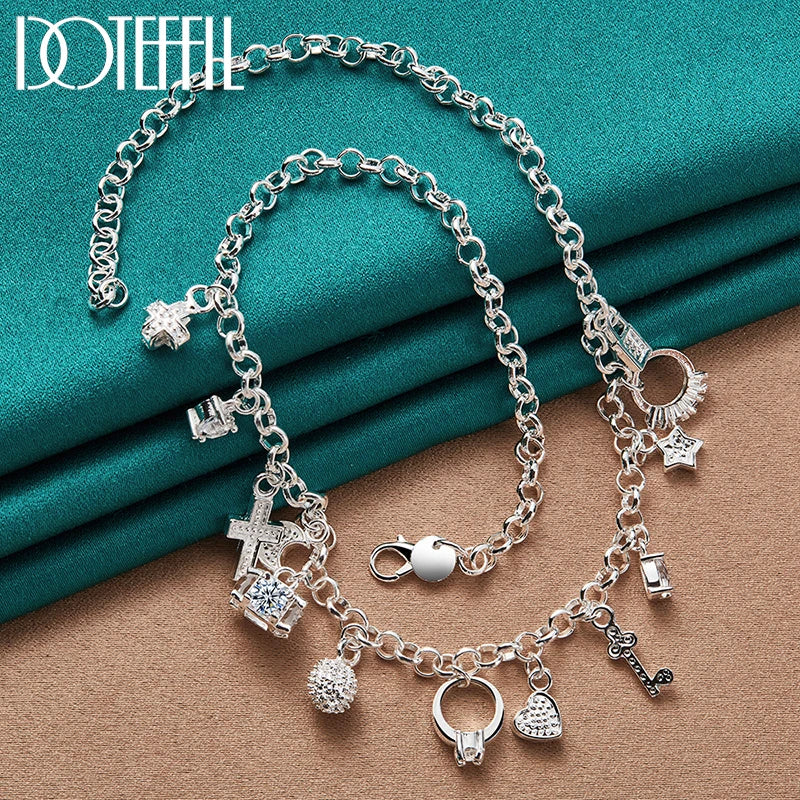 DOTEFFIL 925 Sterling Silver Heart Ball Cross Star Pendant Necklace Bracelets Set For Women Wedding Engagement Jewelry