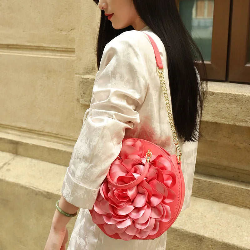 2025 Luxury High-end New Women's 3D Rose Petal Handbags Top Microfiber Synthetic Leather Shoulder Bag Lady Party Evening Bag