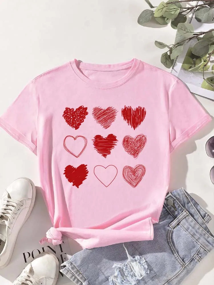 Red Heart Printed Women T-Shirts Fashion Streetwear Short Sleeve Tee Clothing Casual Soft Women Tops Valentine's Day T-shirt