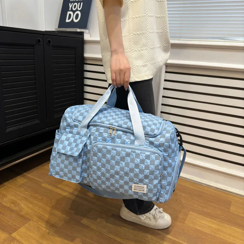 Fashion Large Capacity Checkerboard Pattern Duffle Handbag, Lightweight Travel Luggage Storage Bag, Portable Sports Fitness Bag
