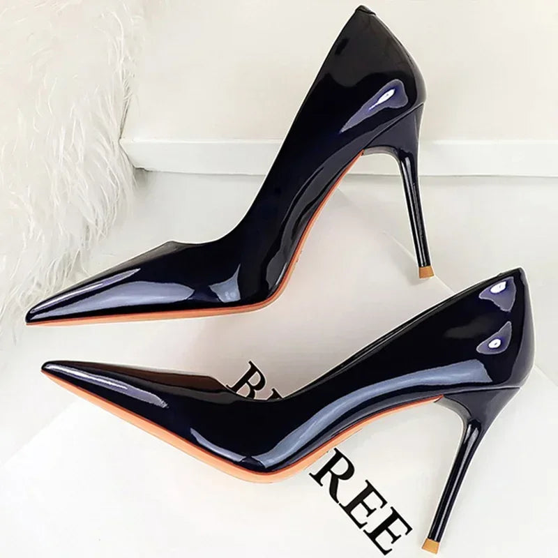 Women 7cm High Heels Career Temperament Work Pumps Lady Stiletto Heels Glossy Leather Fetish Royal Blue Nude Party Concise Shoes