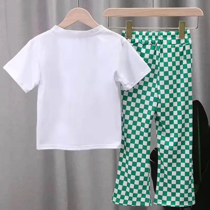 Girl's Sports Suit Summer Children Short-sleeved Sets 2025 New Kids T-shirt+Flare Pants 2Pcs Outfits 2-10Y Girl Cartoon Clothing