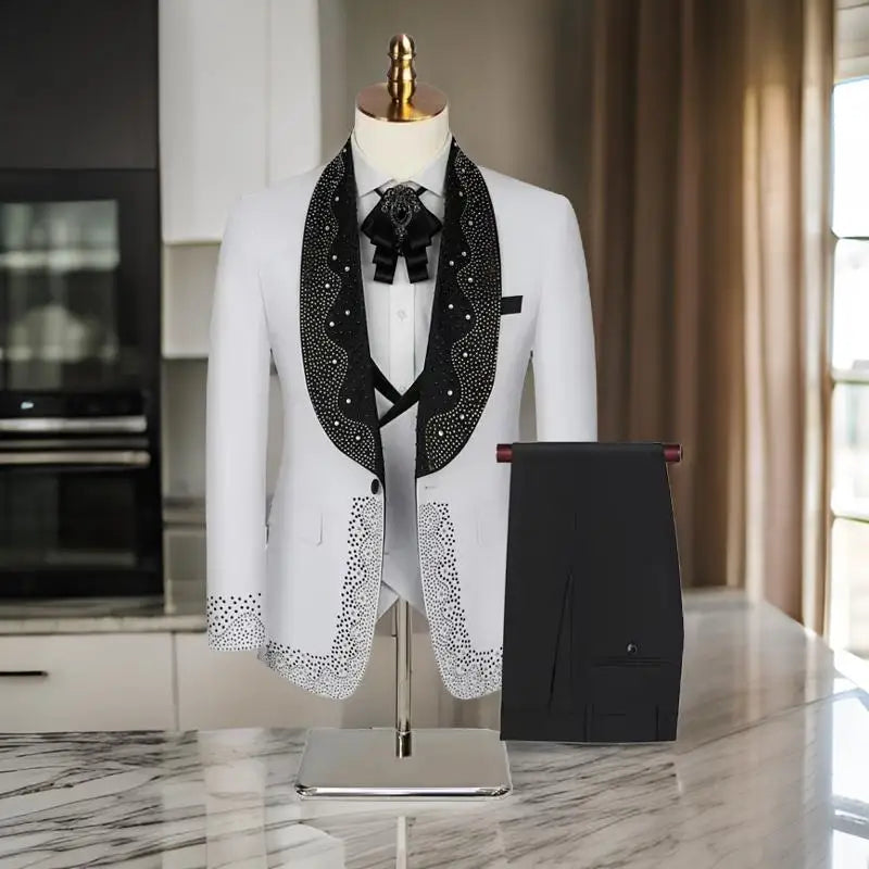 Luxury Wedding Suit For Fashion Men Beaded Slim Fit Groom Tuxedo Gentleman Party Suit 3 Pieces (Jacket+Pants+Vest) 2025