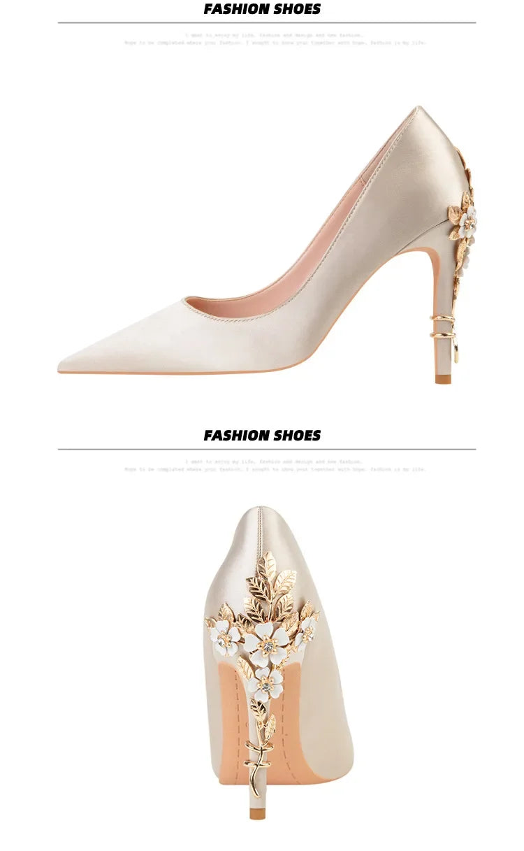 Women's Metal Flowers Stiletto High-heel Shoes Female Light Luxury Sexy Fashion Wedding Shoes Pointed Toe Satin Single Shoes
