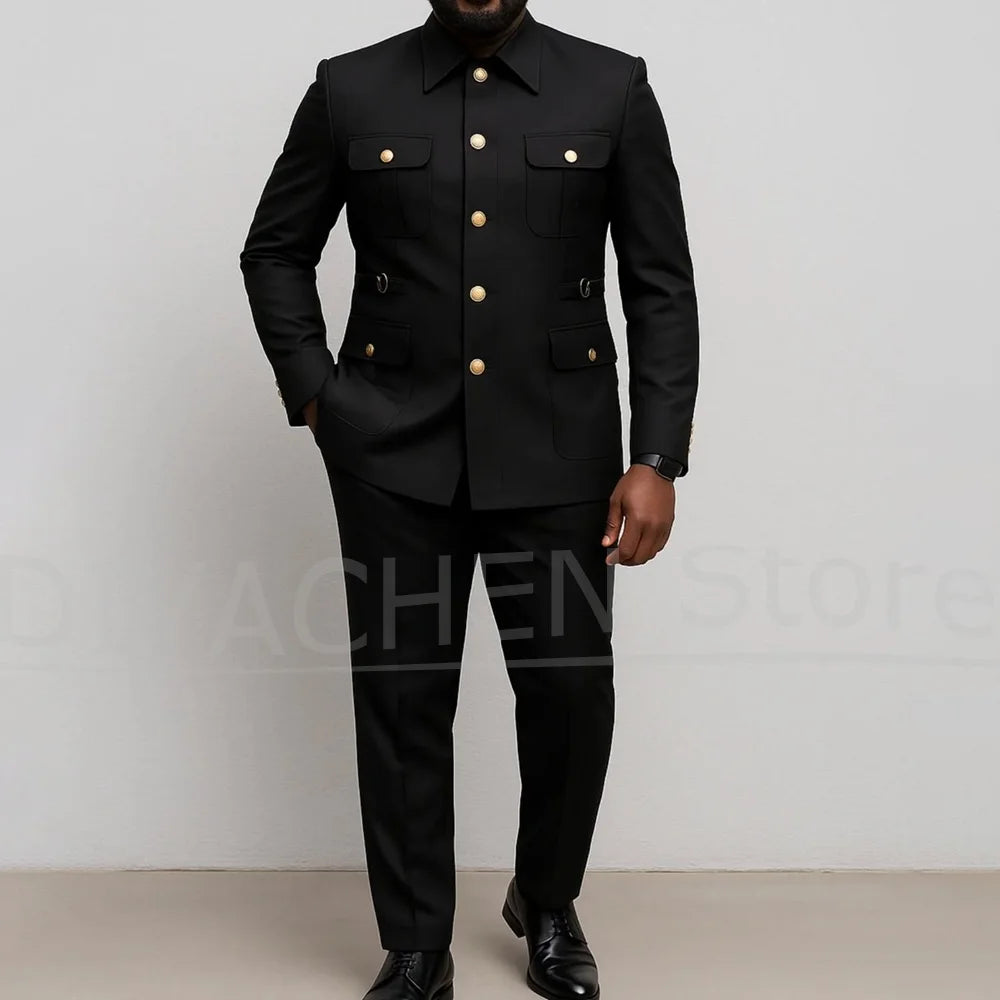 Men Suits 2 Piece Fashion Stand Collar Four Pockets Single Breasted Outfits Slim Chic Business Casual Wedding Party Tuxedos