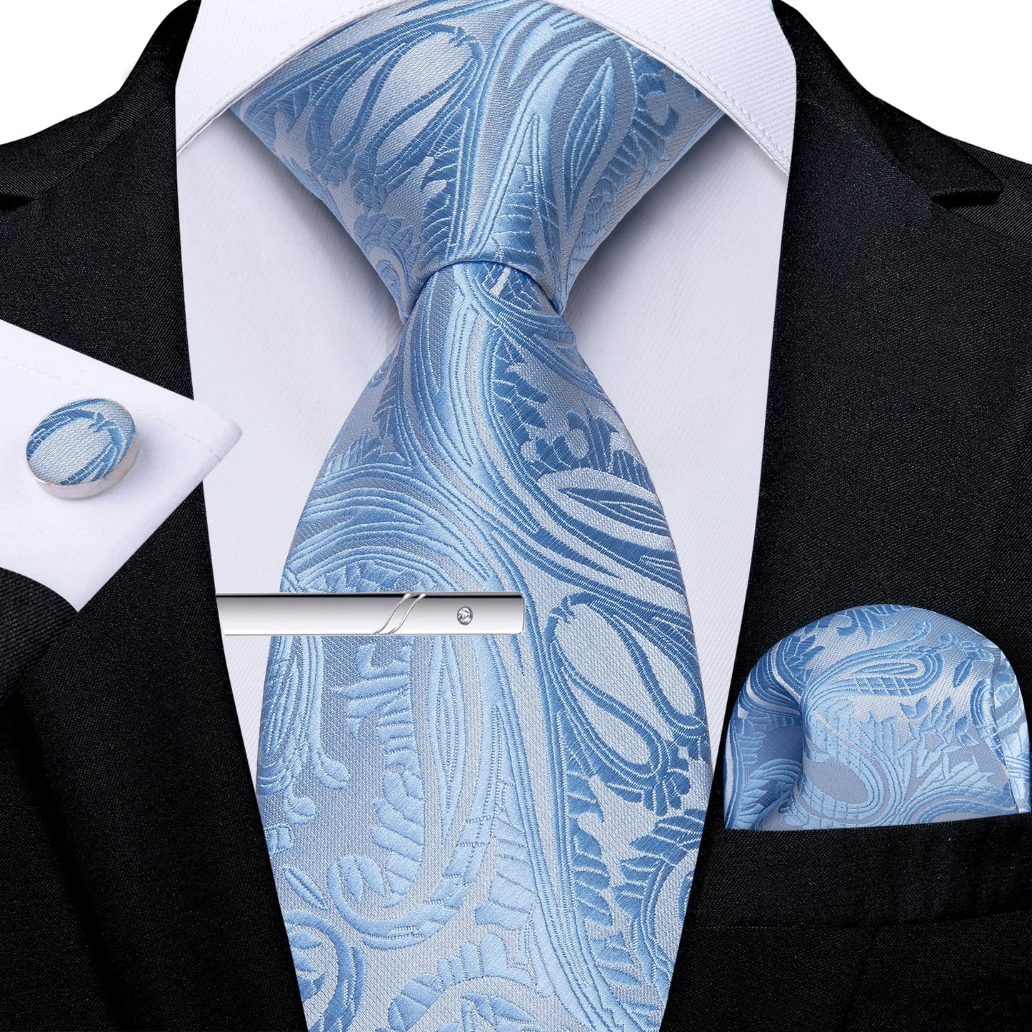 Men's Tie Set with Clip Luxury Retro Red Blue Floral 8cm Necktie Handkerchief Cufflinks Wedding Party Business Accessories Gift