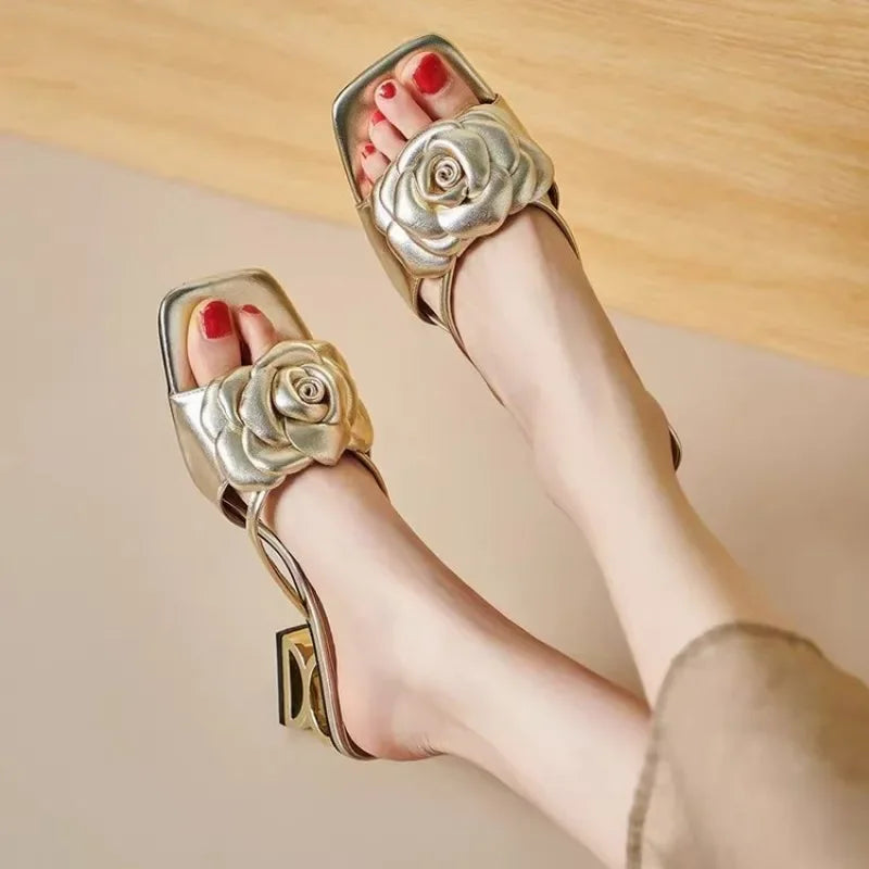 Women Shoes 2025 New Summer Big Size 34-42 Fashion Flowers Black Beige Gold Dress Party Wedding Female Sandals Shoes