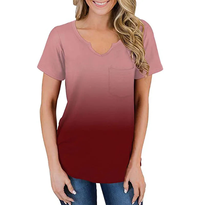 2024 Europe and the United States spring and summer new women's top printed V-neck short sleeve loose pocket T-shirt woman