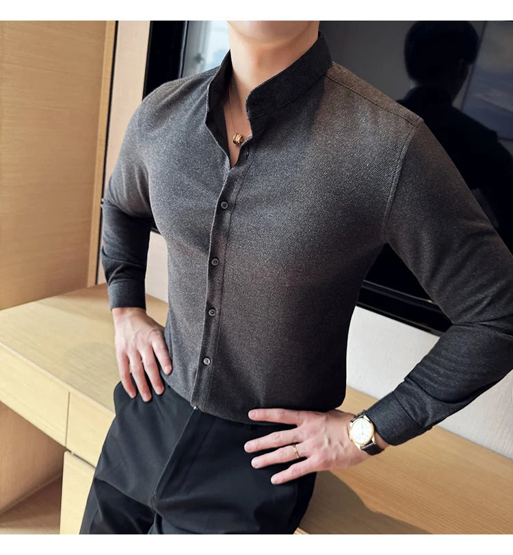 Winter Men Woolen Shirt with British Style Solid Casual Stand Up Collar Thick Warm Wool Formal Dress Shirt Fashion Men Clothing