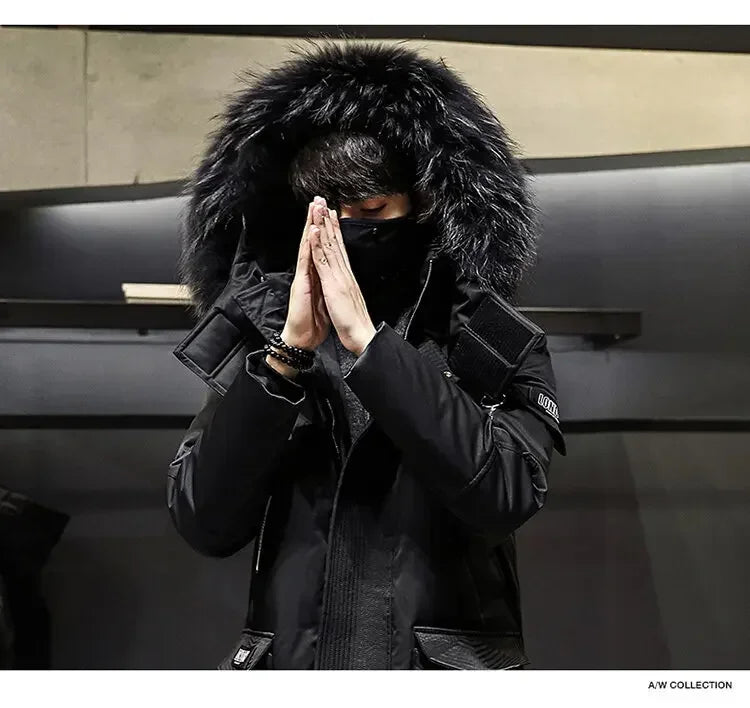 Men's Thickened Down Jacket Hooded Faux Fur Collar Winter Long Parka Jacket Outdoor Street Fashion Jacket Men's Clothing 2024