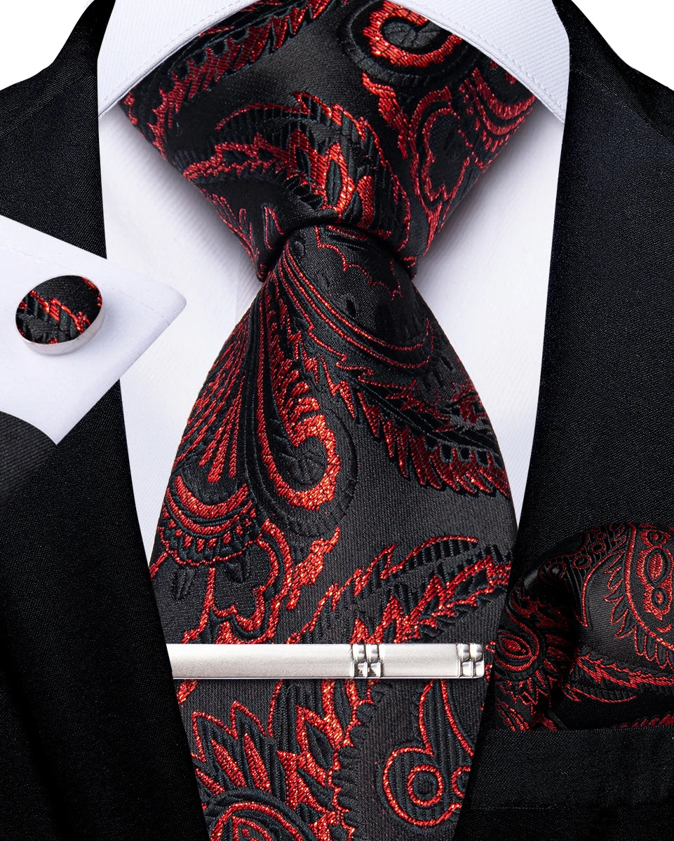 Men's Tie Set with Clip Luxury Retro Striped Floral 8cm Necktie Handkerchief Cufflinks Wedding Party Business Accessories Gift