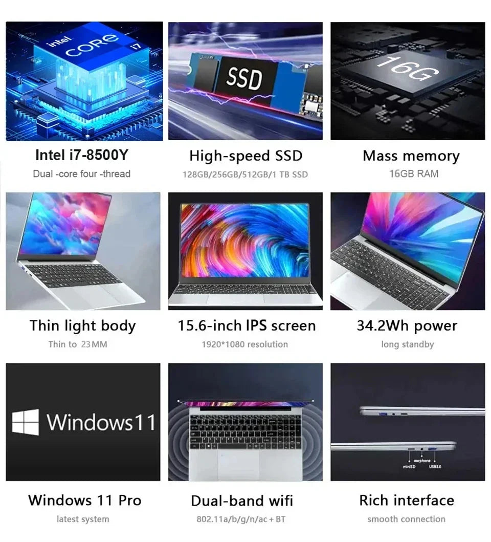 2025 laptop 15.6 Inch Laptop Windows 11 Intel Core i7 8500Y 16GB RAM 1TB SSD Fingerprint Unlock Study Office Pc Laptops