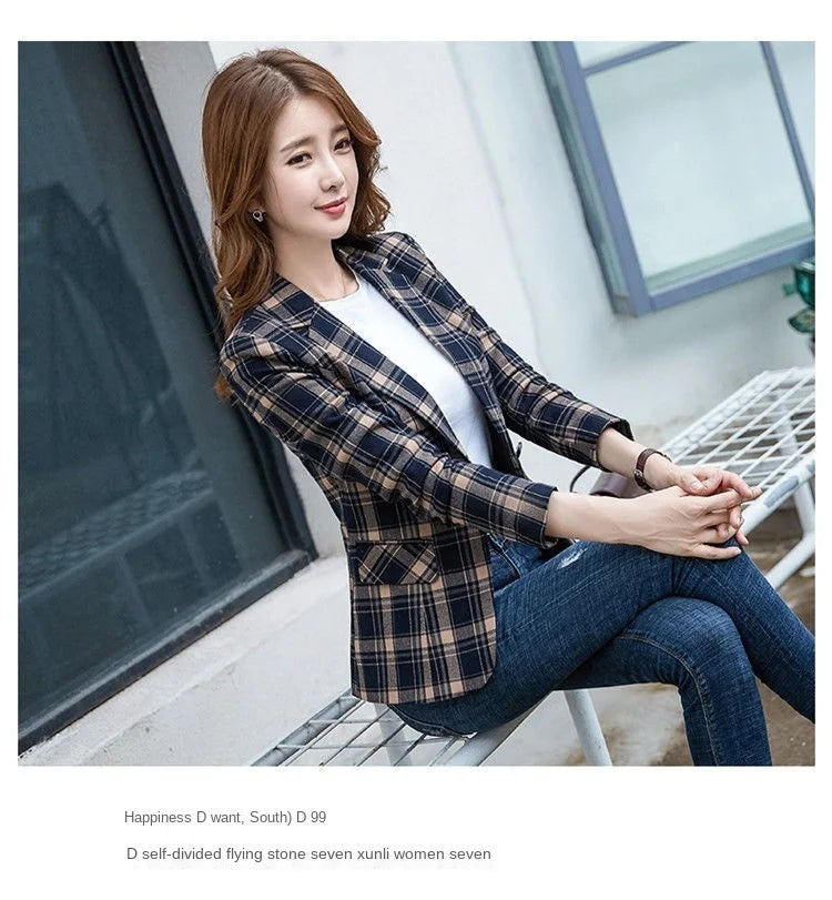 PEONFLY Vintage Casual Plaid Blazer Women Fashion Single Button Office Ladies Jacket Coat Notched Collar Long Sleeve Jacket 2023