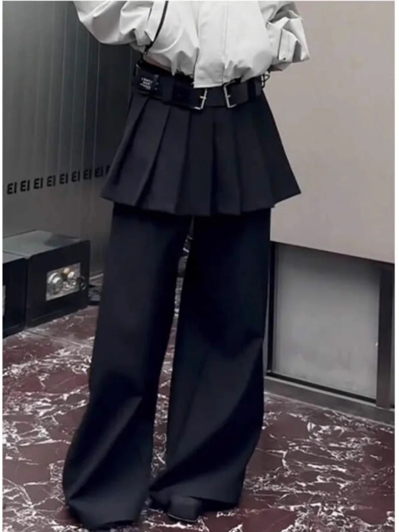 Fake Two-piece Wide Leg Pants for Women Korean Black Plain Cleanfit Casual Pleated Skirt Suit Trousers Streetwear 2025 New