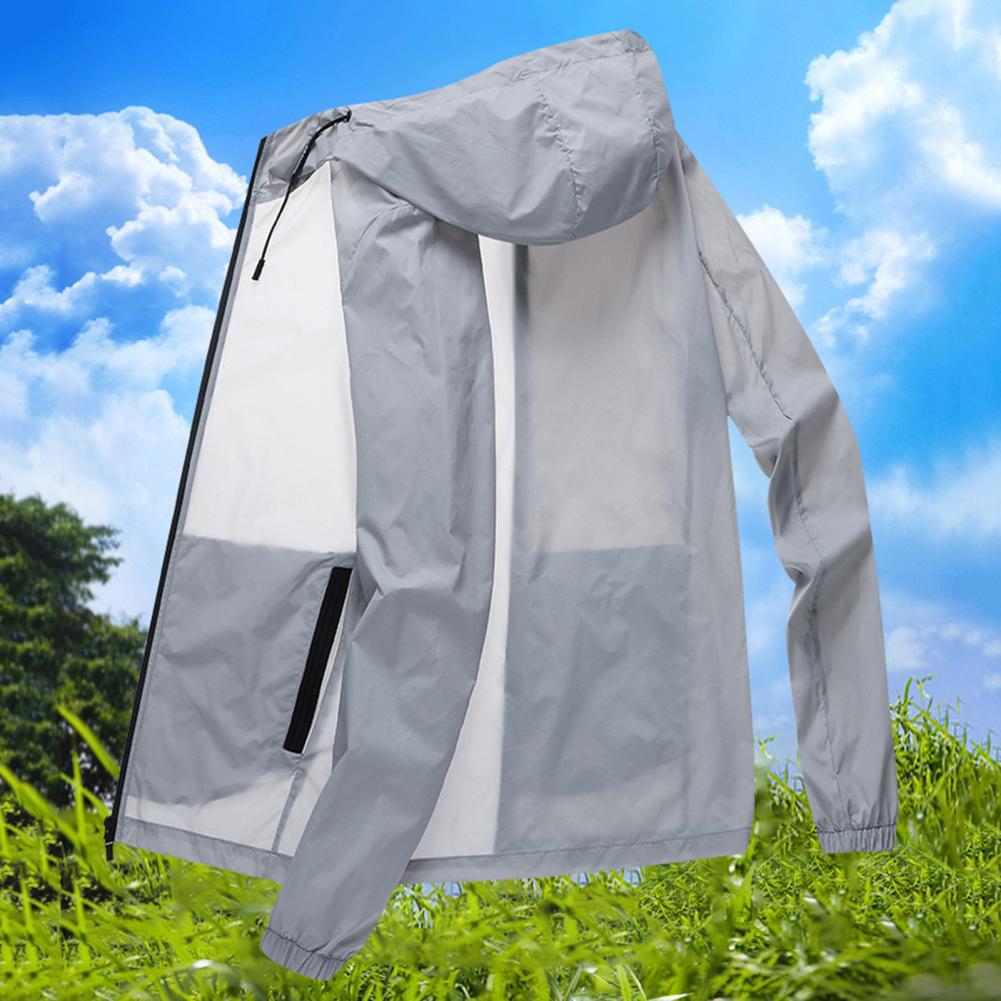 Men Summer Sunscreen Coat Hooded Thin Anti-UV Zipper Closure Solid Color Sunshade Long Sleeves Plus Size Fishing Men Summer Jack