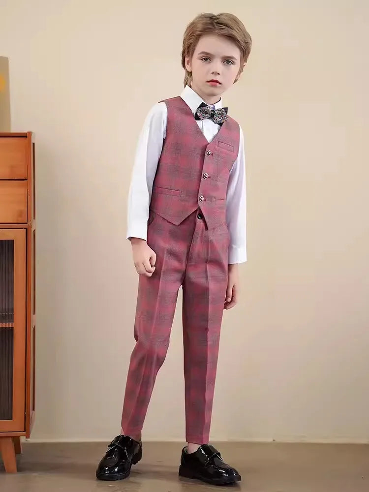 Children Red Jacket Vest Pants 3PCS Photograph Suit Boys Wedding Dress Prince Kids Tuxedo Set Teenager Birthday Party Costume