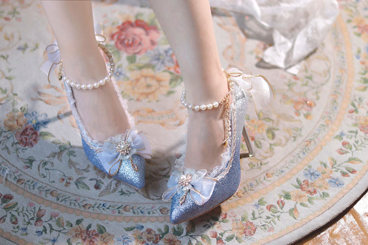 Lolita High Heels One Night Story Lolita Shoes Shiny Pointed High Heels Flower Wedding Ceremony 18 Year Old Slim Heels