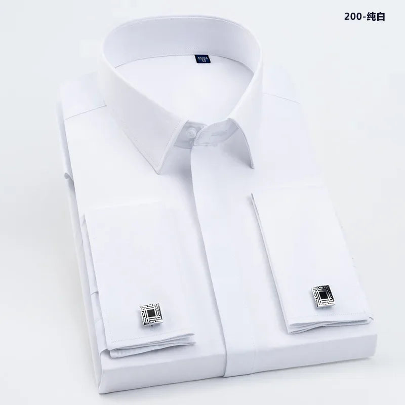 Spring Autumn Men's French Cufflinks Business Dress Shirt Sleeve Pin Solid Color Non-iron Shirts Slim Fit Party Men's Wear