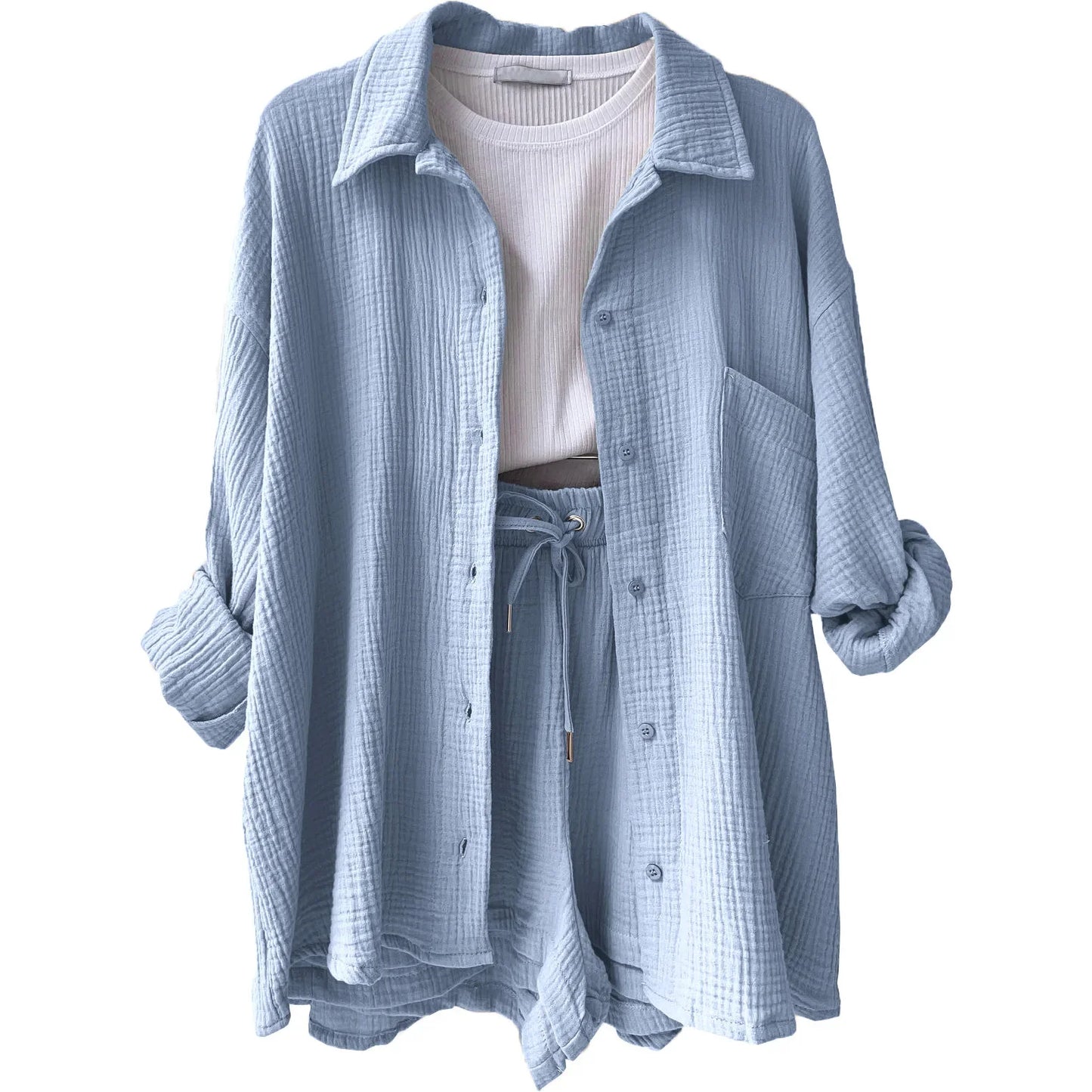 Short Sets Women Tracksuit Single Breasted Cardigan Blouses Two Pieces Shorts Loose Button High Street Solid Pockets Folds