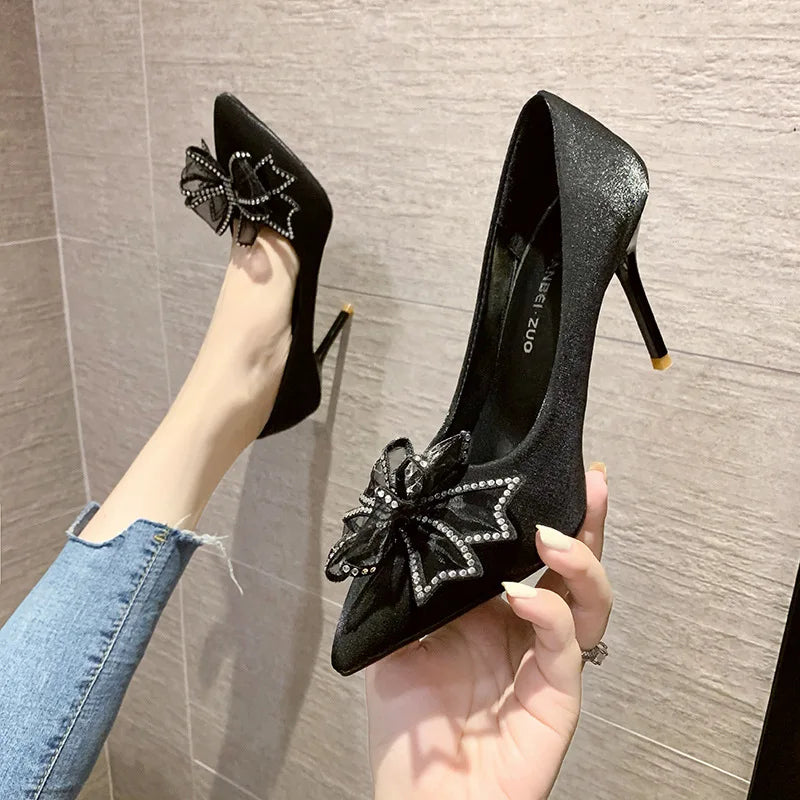 Crystal Wedding Shoes Bride Wedding Dress Two Wears New Bow High Heels Women's Summer Slim Heels White Pointed Sandals Women