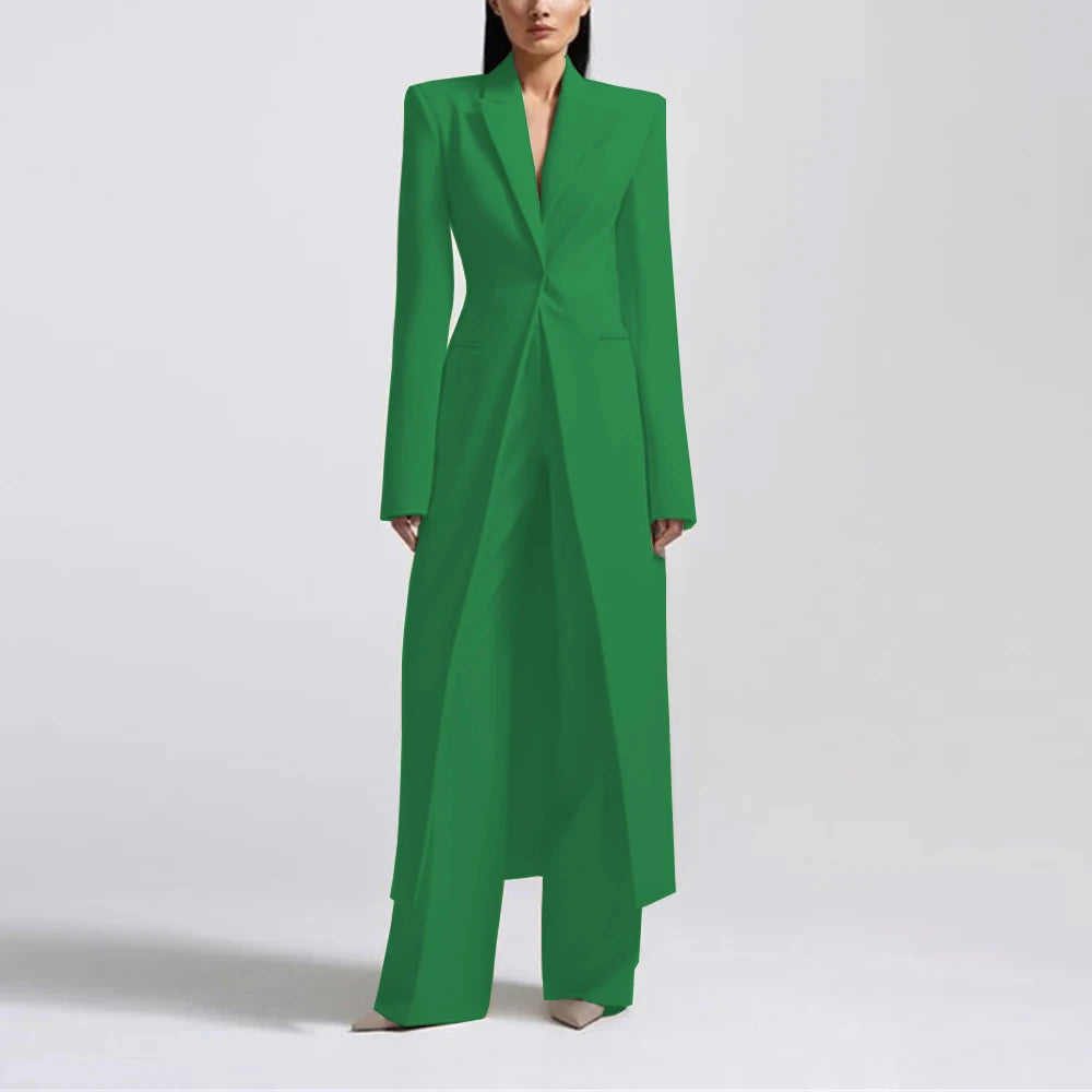 Fashion Beige Women's Blazer PantsSuit Peak Lapel Long Coat Wedding Formal Suits Office Lady Jacket Pant 2 Piece