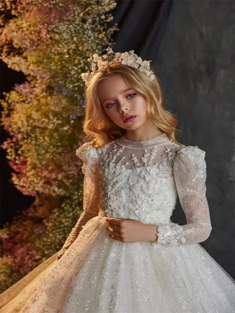 Flower Girls Dress For Wedding Party Butterfly Baptism Gowns Tulle Long Sleeve High Neck Appliques First Communion Gown