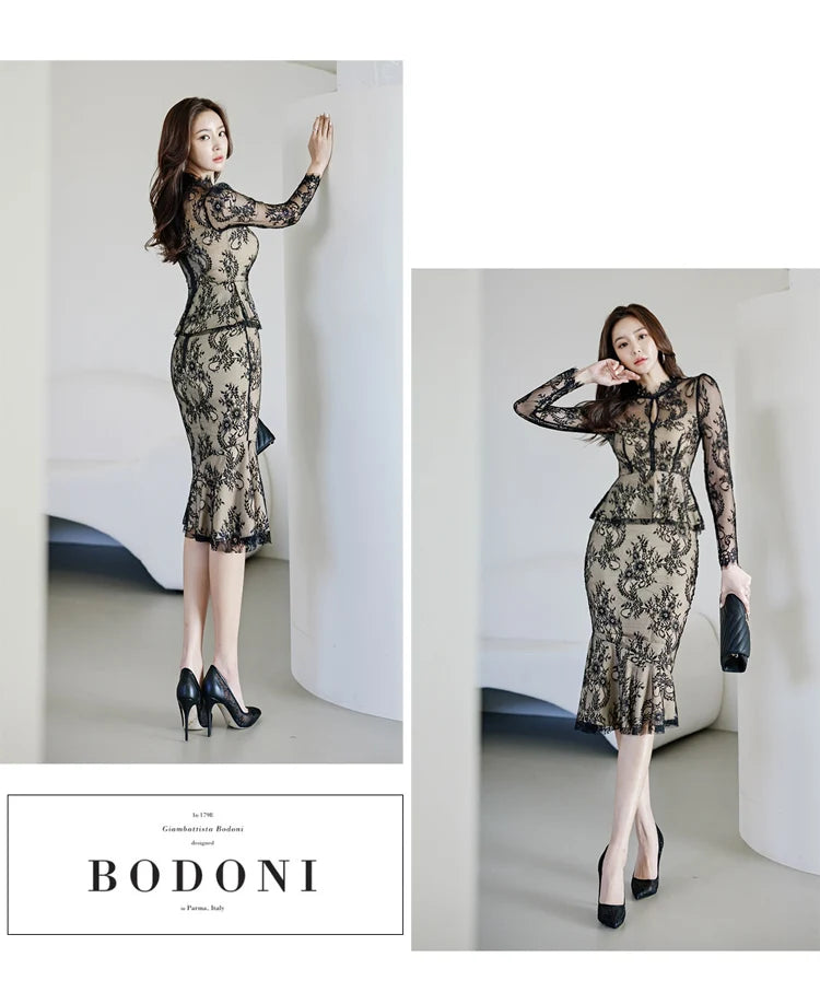 Spring Professional Woman Lace 2 Pieces Set Simple Tops + Vintage High Waist Mermaid Skirt Korean Skirts Suits
