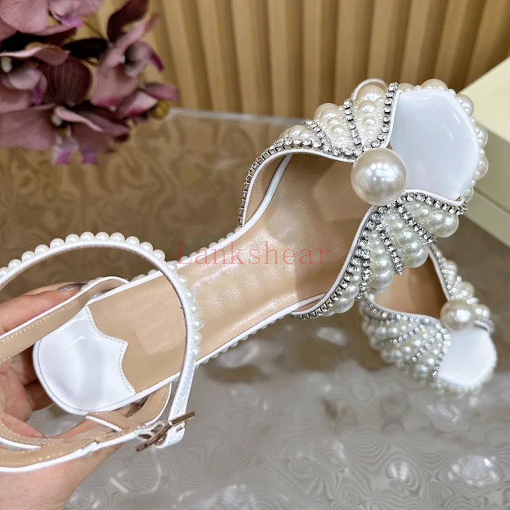 Pearl Crystal Platform Sandals Sexy Square Teoe Thick Heel Anke Strap New Arrivasl Fashion Women Modern Runway Shoes