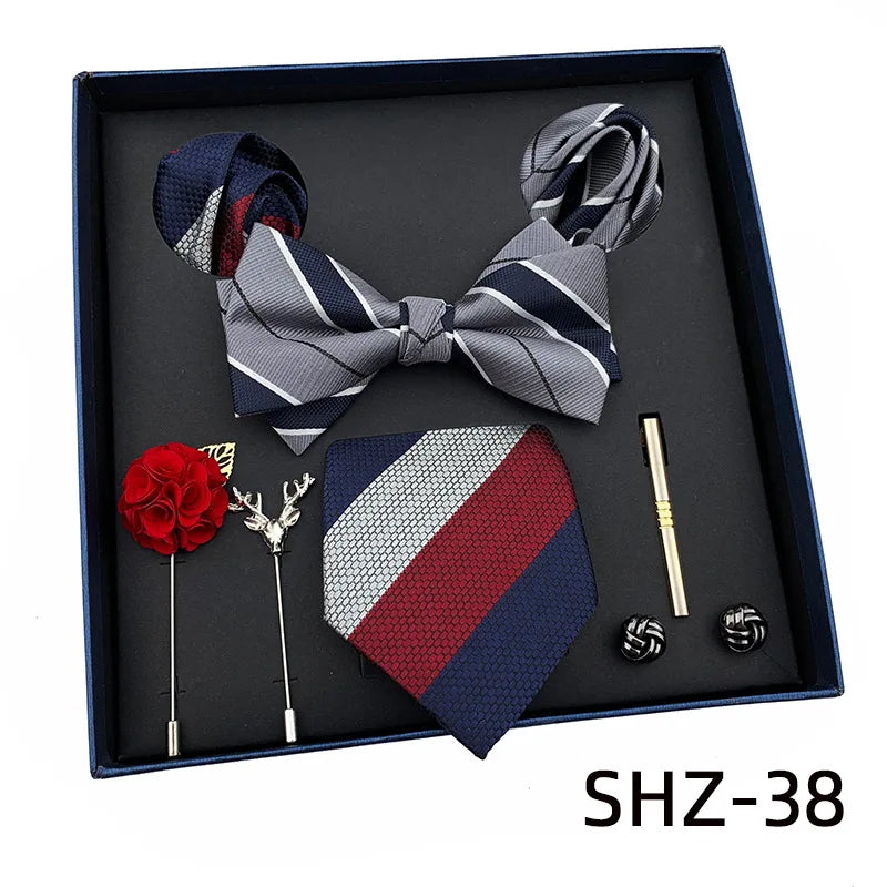Vintage Green Men's Tie Set Luxury Neck Ties For Wedding Gift Bowtie Handkerchief Cufflinks Tie Clip Brooch Set For Male Necktie