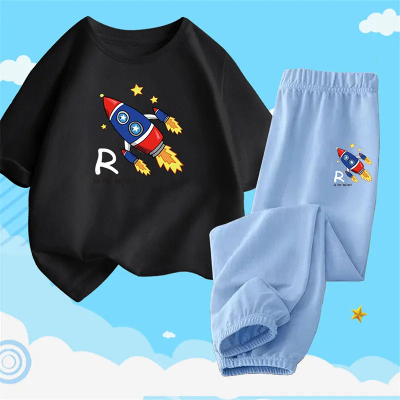 Boys Summer Clothes Set Kids Cartoon Space T shirts+Loose Harlan pants Suit 2PCS Pack Teens Sports Clothing Sets