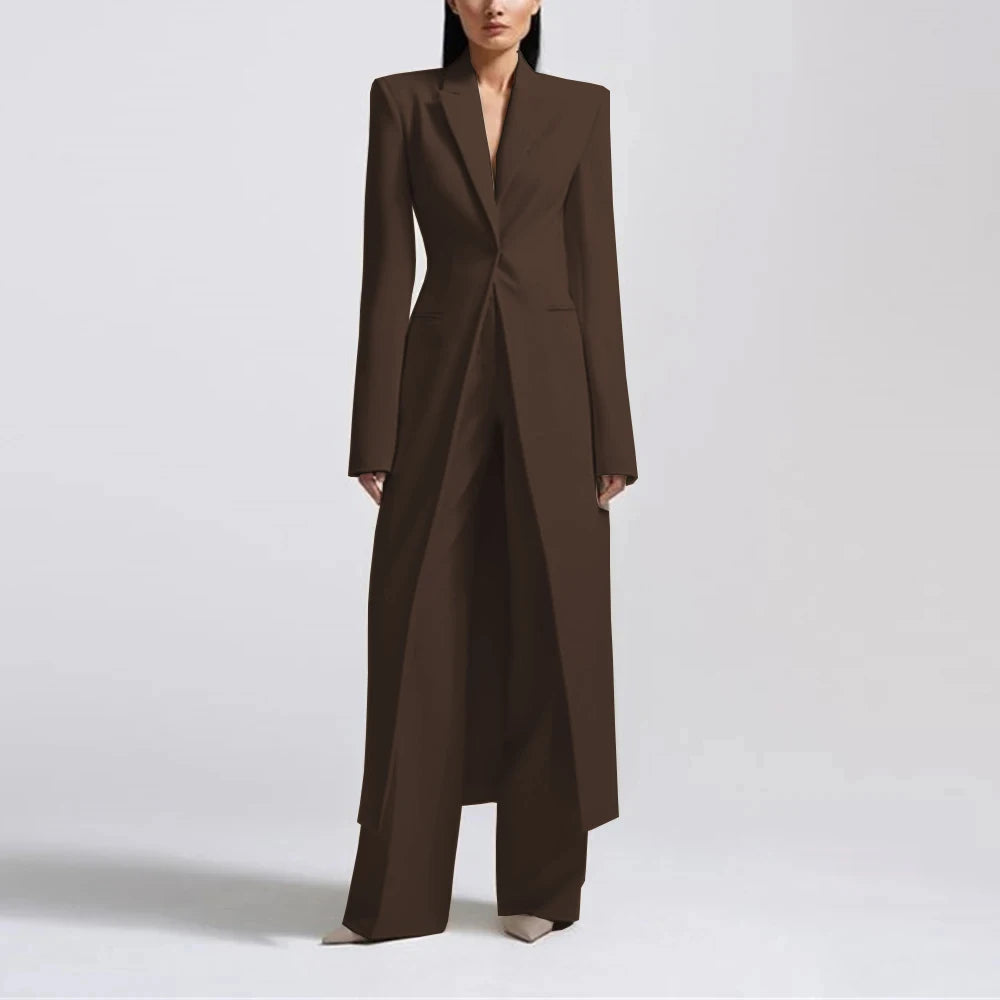 Fashion Beige Women's Blazer PantsSuit Peak Lapel Long Coat Wedding Formal Suits Office Lady Jacket Pant 2 Piece