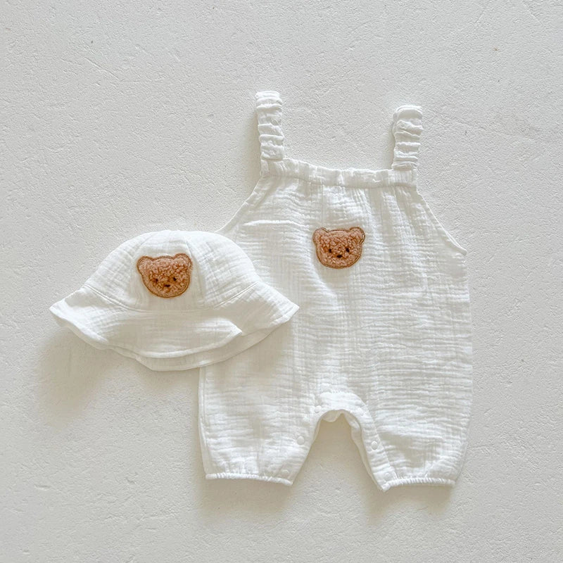 3Pcs Muslin Baby Jumpsuit Coat Hat Bear Baby Summer Clothes Set Kids Coat Romper White Toddler Outfit Suit Infant Clothing 0-3T