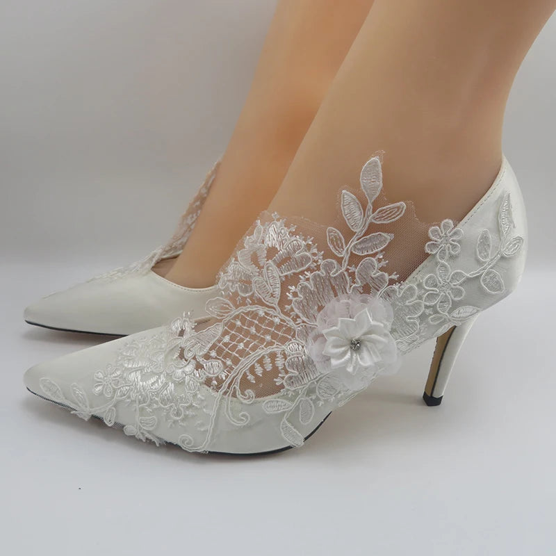 BaoYaFang White Flower Pumps New arrival womens wedding shoes Bride High heels platform shoes for woman ladies party dress shoes