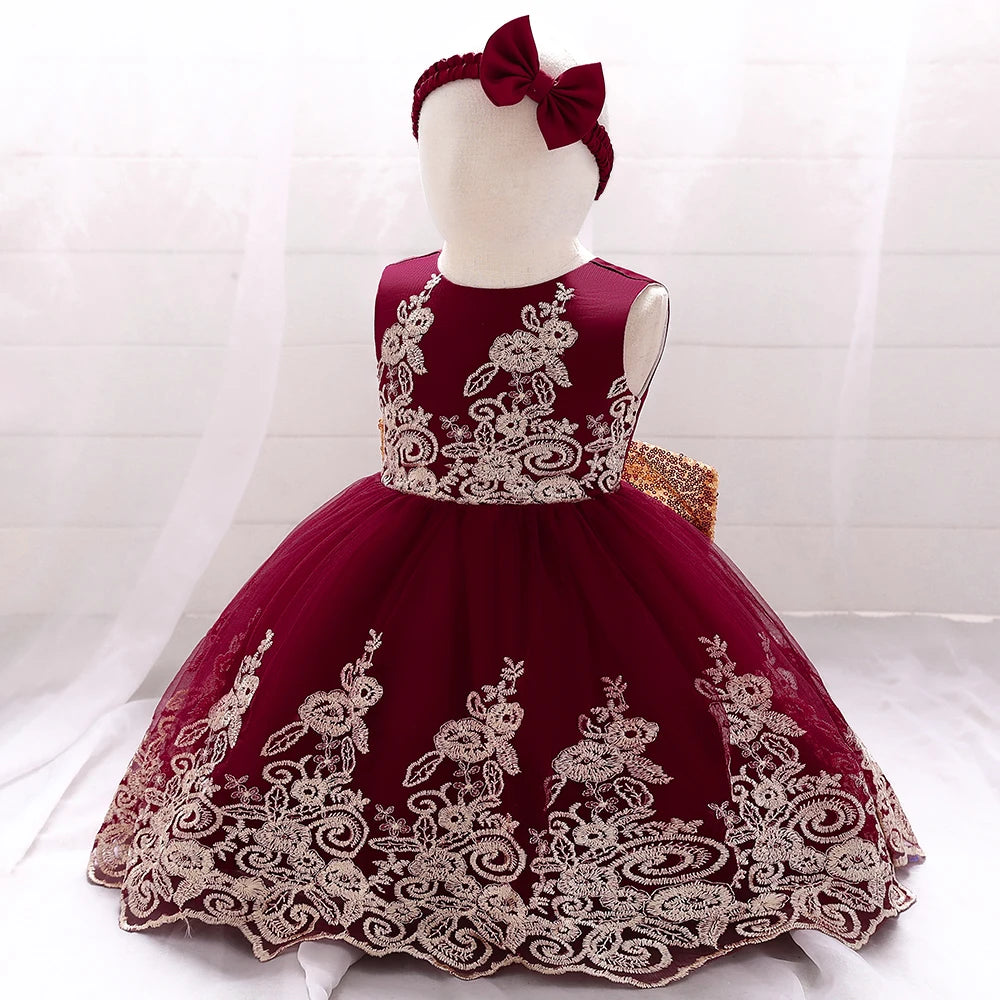 Gold Bow Flower Baby Dress for Girls Christmas Costumes 1st Birthday Party Princess Dresses Wedding Formal Evening Kids Clothing