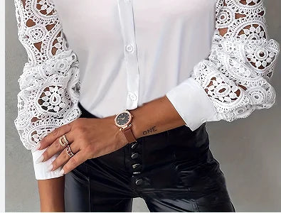 White Lace Hollow Blouses And Shirt For Women Elegant Ladies Office Shirt Long Sleeve Button Tops Fashion Lapel Women's Clothing