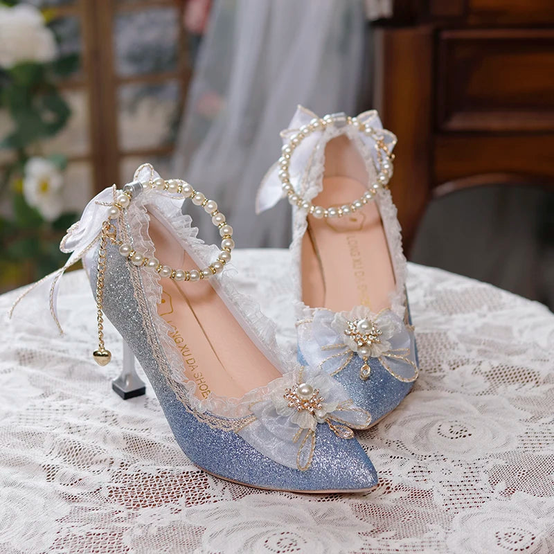 Lolita High Heels One Night Story Lolita Shoes Shiny Pointed High Heels Flower Wedding Ceremony 18 Year Old Slim Heels