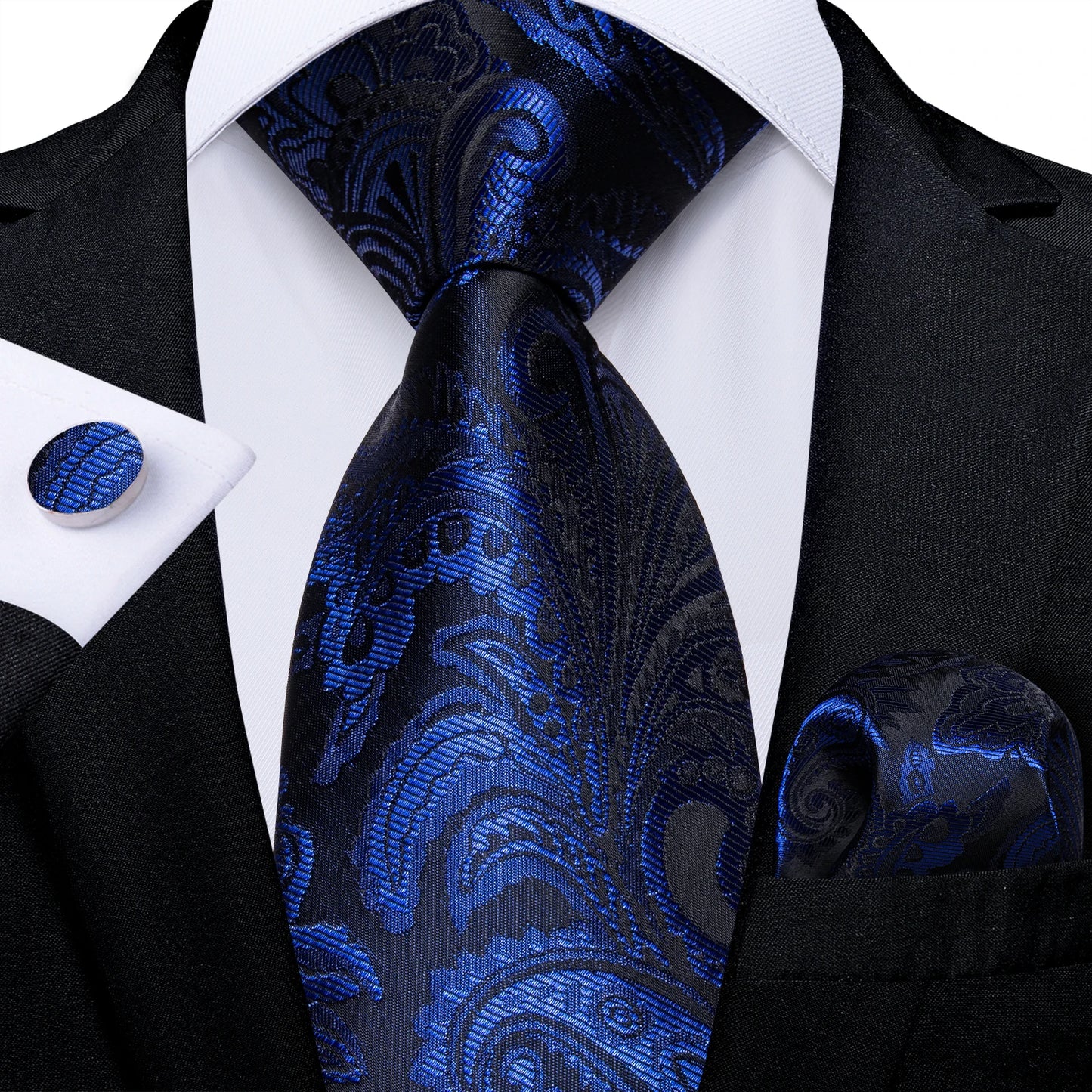 Royal Blue Paisley Plaid Striped Men tie Set with Handkerchief Cufflinks Wedding Prom Groom Accessories Perfect Gift for Men