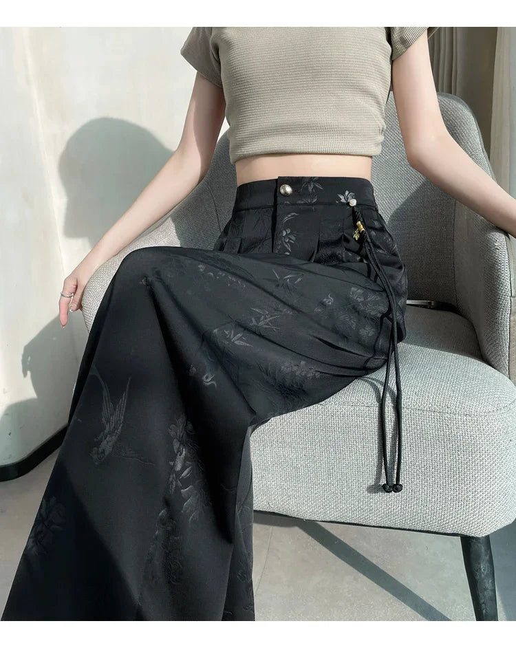 New Chinese Style Jacquard Wide Leg Satin Pants for Women Elegant Solid Office Lady Women's Casual Loose Pants Female