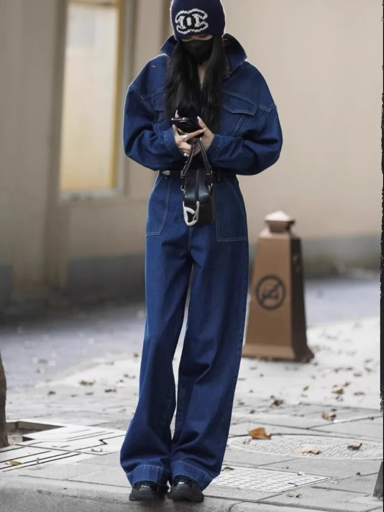 Blue Design Denim Jumpsuit Women'S Spring And Autumn Collar Fashionable Workwear Large Pocket Loose Pants