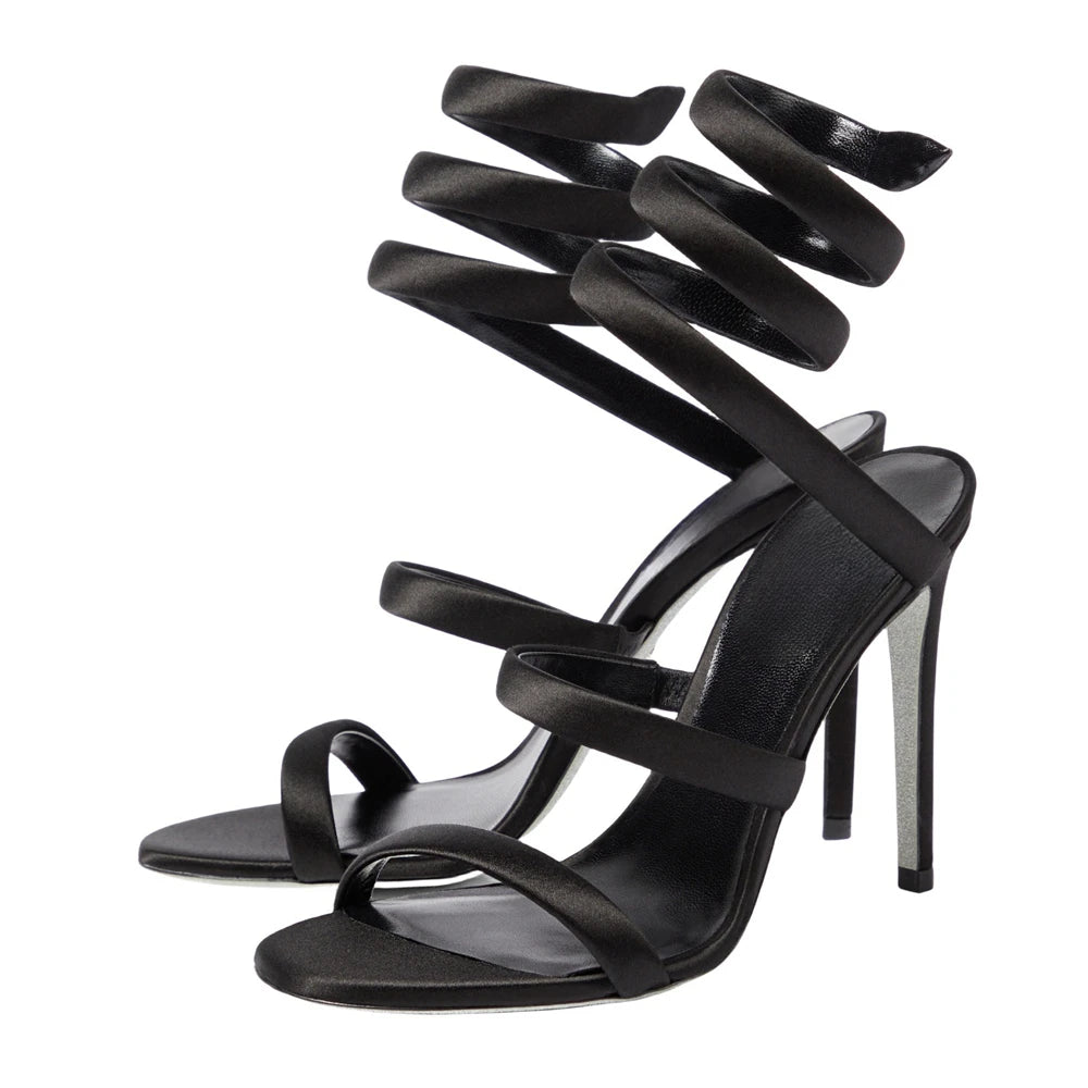 Summer new round toe silk ribbon snake-shaped wrapped sexy sandals thin high-heeled banquet dress large size women's shoes