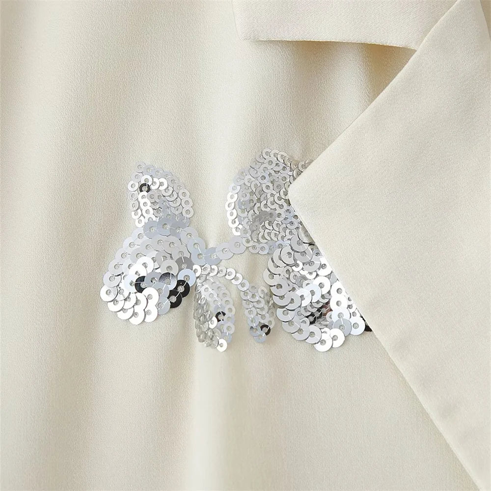 Zach Ailsa 2024 Summer New Product Women's Fashion Loose Lace up Suit Coat Beaded Silk Texture Long Pants Casual Set