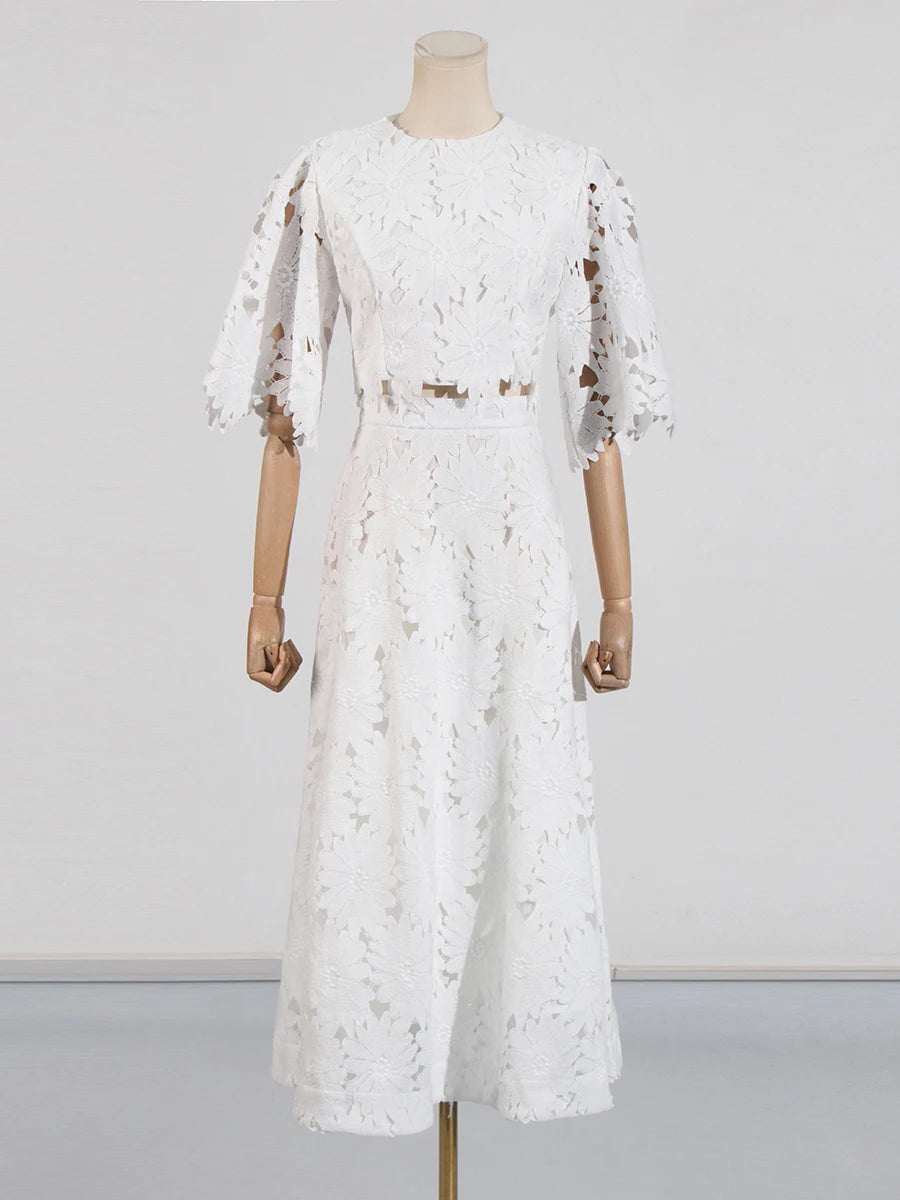 VGH Embroidery Two Piece Set for Women O Neck Batwing Sleeve Top High Waist Hollow Out A Line Long Skirt Elegant Suit Female New